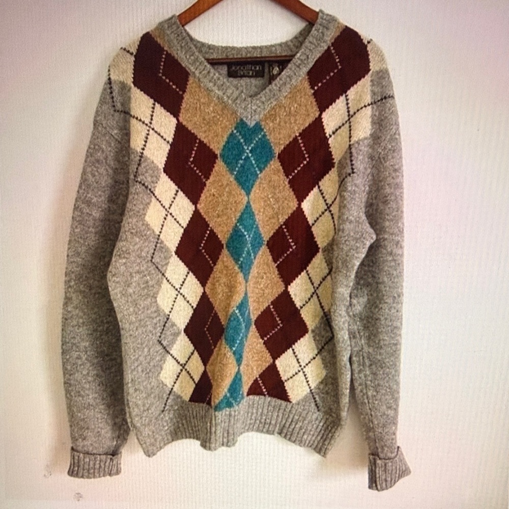 Jonathan Bryan Vintage Men Size XL Grandpa Pure Virgin Wool Argyle Gray Sweater